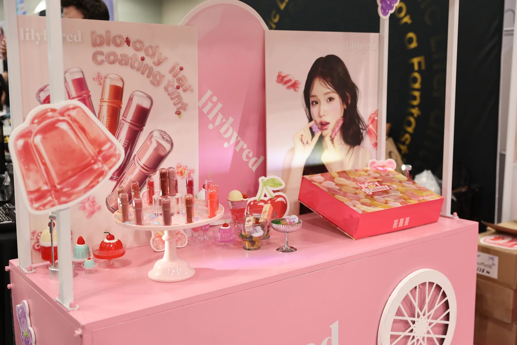 The lilybyred cart combines lip products, floral touches and bright pink display pieces.